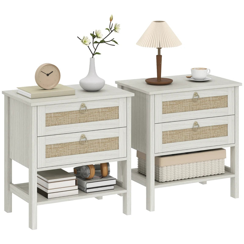 Set of 2 Boho Bedside Tables, Rattan Nightstands with 2 Drawers, Storage Shelf, End Side Tables for Bedroom, White Oak