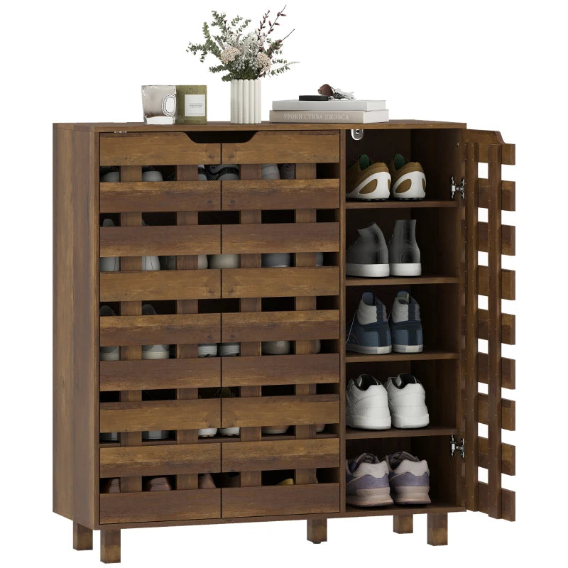 Shoe Cabinet, 20 Pair Shoe Storage Cabinet with Hollowed-Out Doors, Distressed Brown