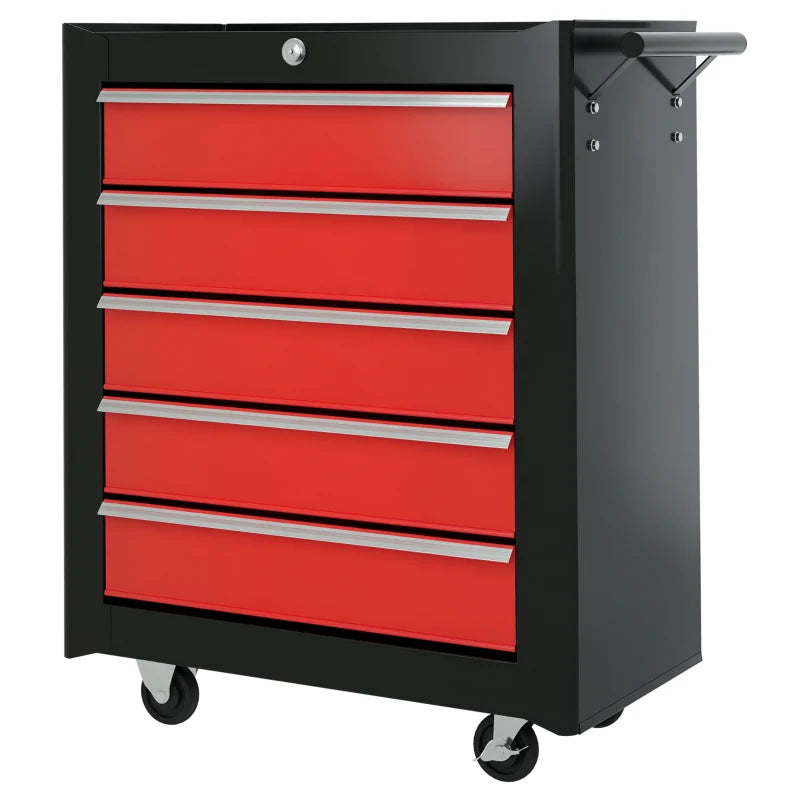5 Drawer Roller Tool Chest, Lockable Toolbox, Storage Organizer with Handle for Workshop Mechanics Garage, Black and Red