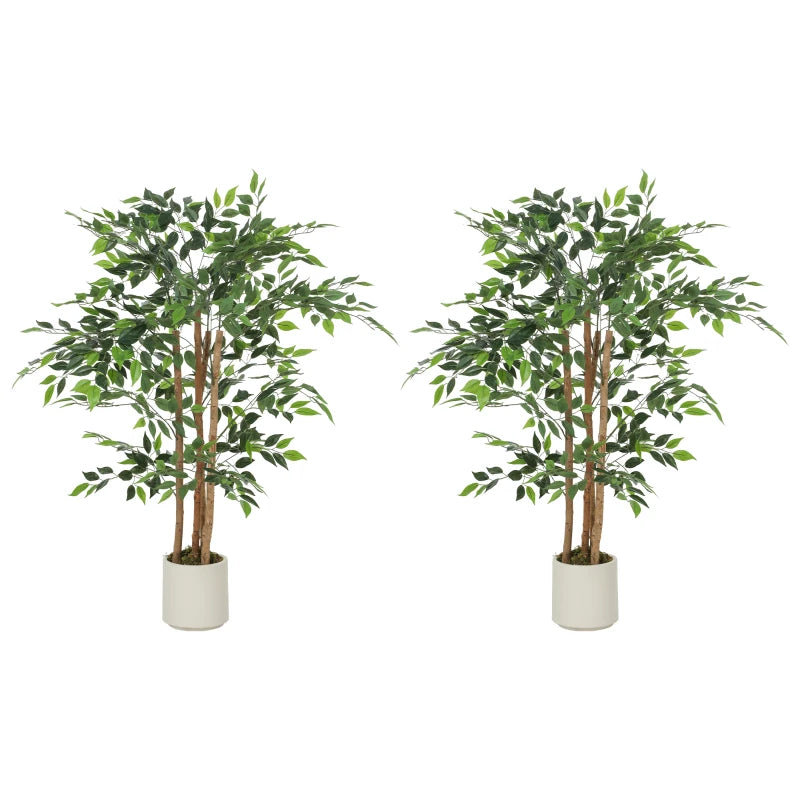 4FT Artificial Banyan Tree Set of 2, Fake Potted Tree with Solid Wood Trunk and Pot for Indoor