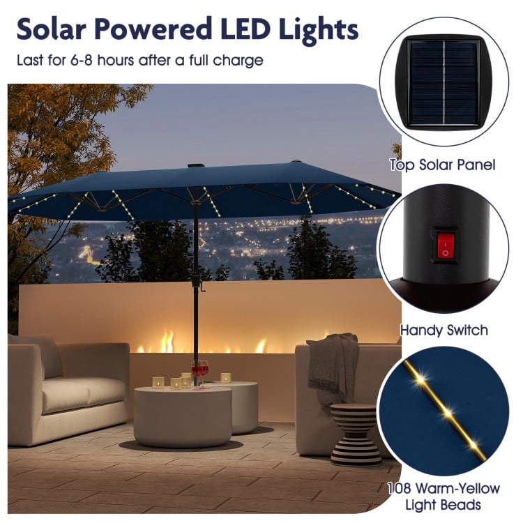 13 FT Large Patio Umbrella with LED Solar Lights and Crank Handle-Navy