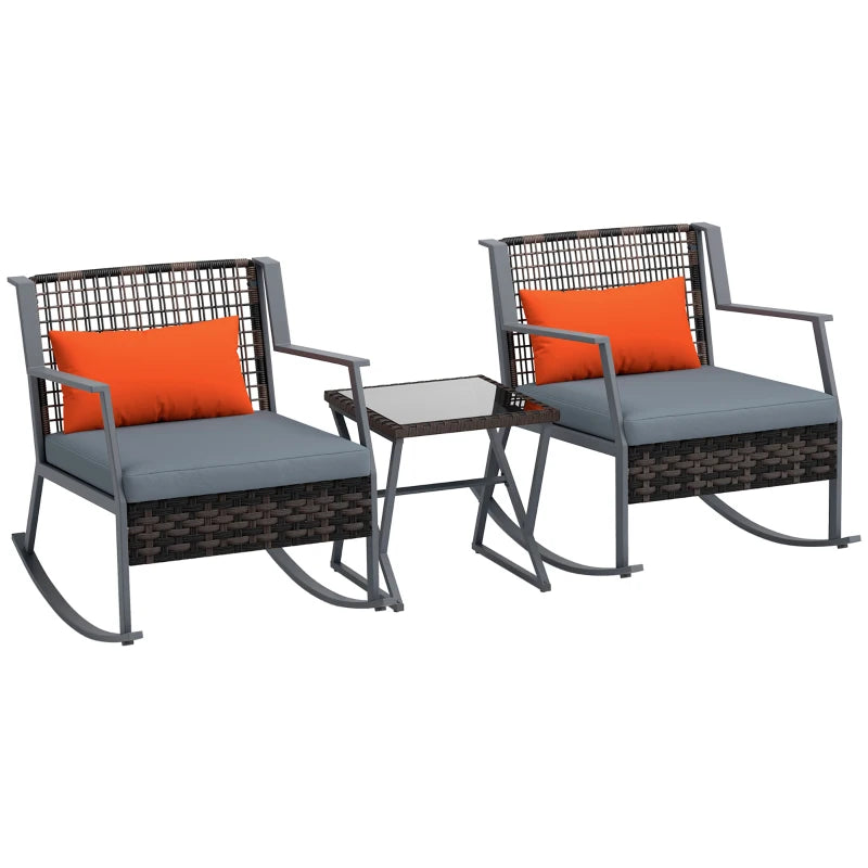 3 Pieces Rocking Bistro Set, Wicker Patio Furniture Set with Cushions and Glass Table for Porch, Balcony, Grey