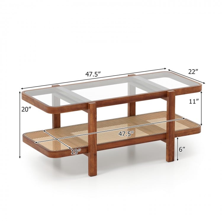 2-Tier Coffee Table with Storage and Tempered Glass Tabletop-Coffee