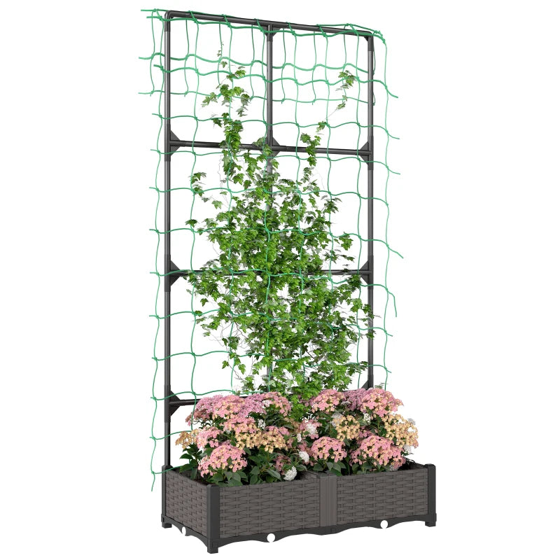 2PCS Plastic Planter Box with Trellis, Self-Watering Raised Garden Bed with Trellis and Netting