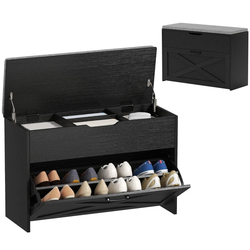 Shoe Storage Bench with Flip Drawer and Lift Top Storage, Entryway Bench with Seat Cushion for Hallway, Black