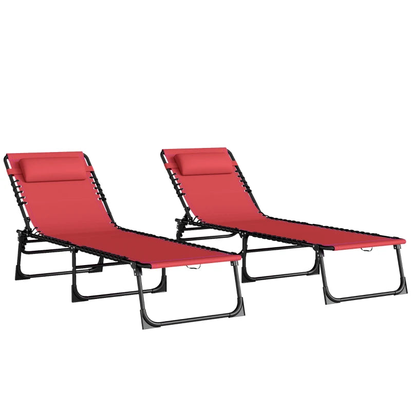 2 PCs Folding Lounge Chairs, Adjustable Chaise Lounge with Headrest, Reclining Lounger Cot for Camping, Hiking, Wine Red