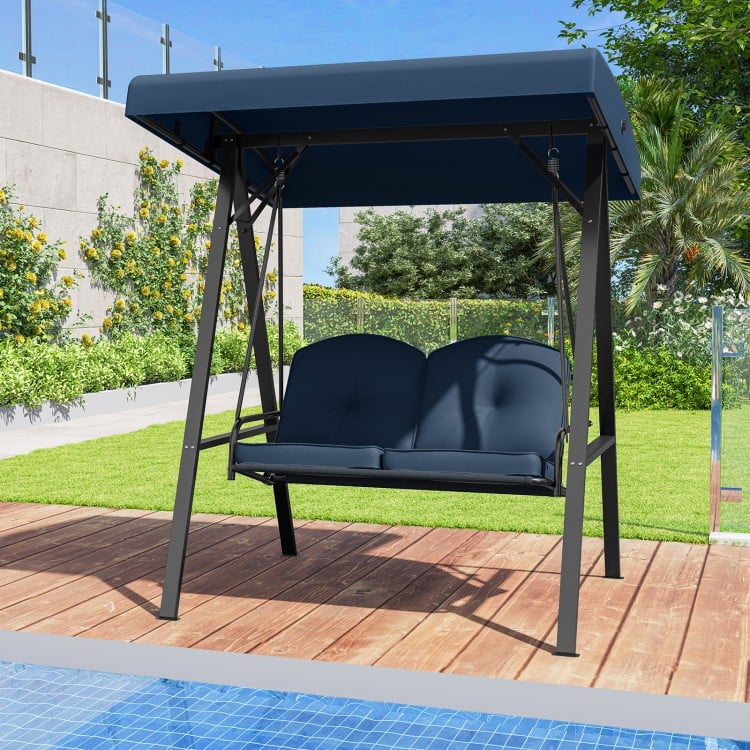 2-Person Outdoor Porch Swing with A-Shaped Metal Stand and Adjustable Canopy-Navy