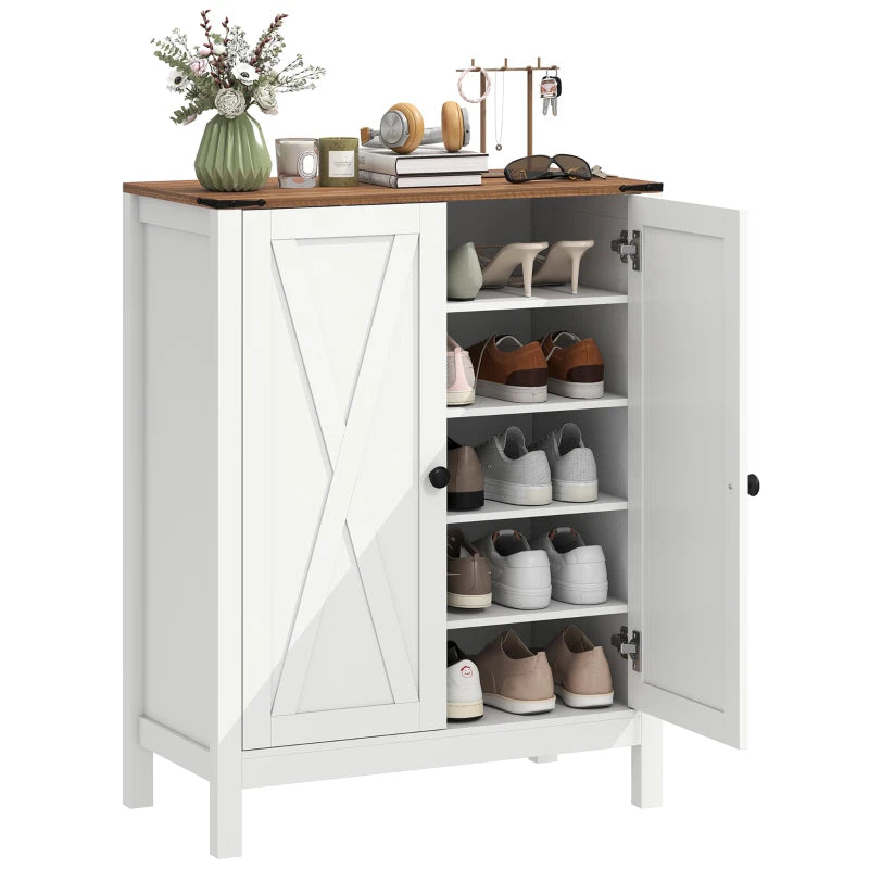 Shoe Cabinet with Barn Doors, Farmhouse Shoe Storage Cabinet with Adjustable Shelves, Holds up to 15 Pairs, White
