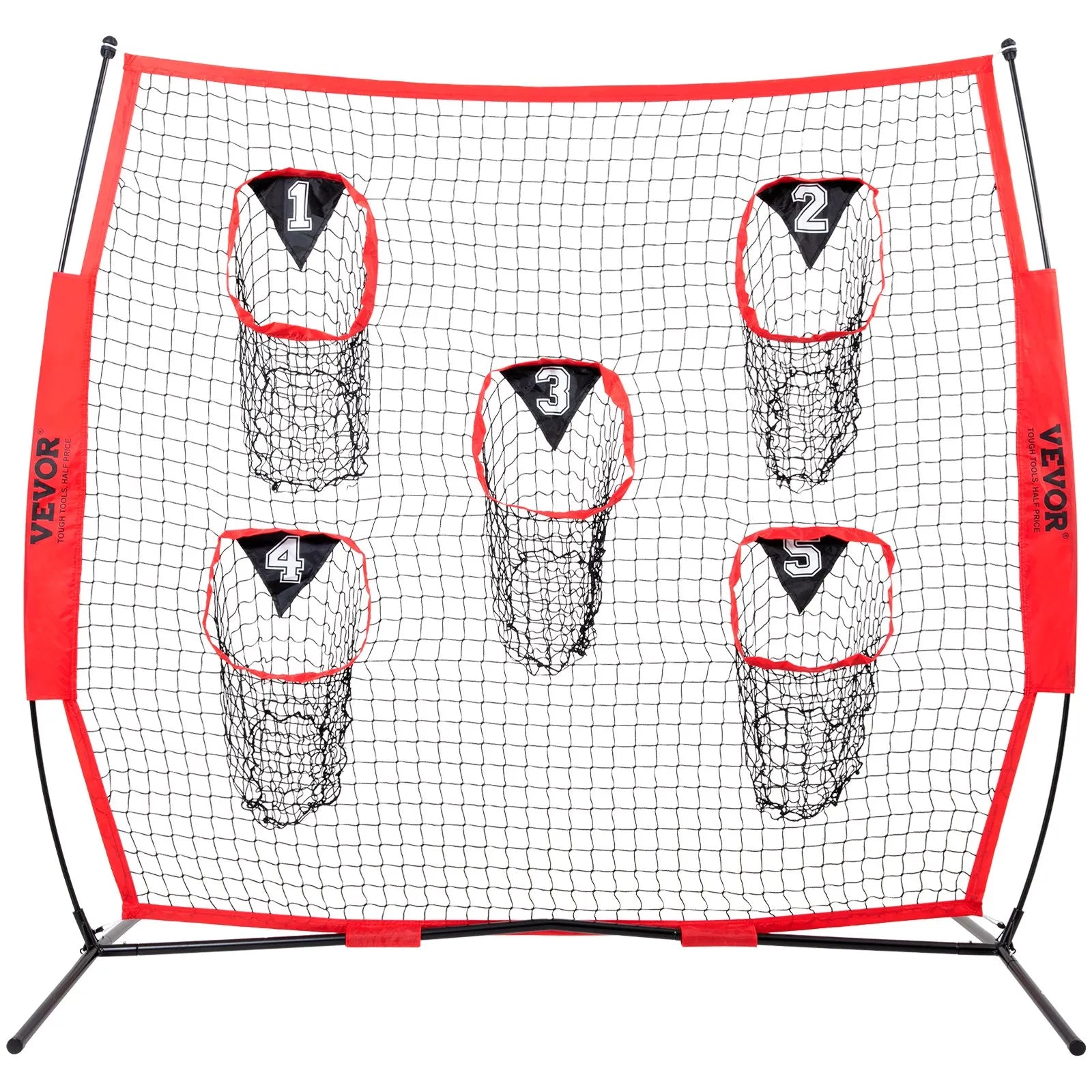 VEVOR 7 x 7 ft Football Trainer Throwing Net, Training Throwing Target Practice Net with 5 Target Pockets, Knotless Net Includes Bow Frame and Portable Carry Case, Improve QB Throwing Accuracy, Red