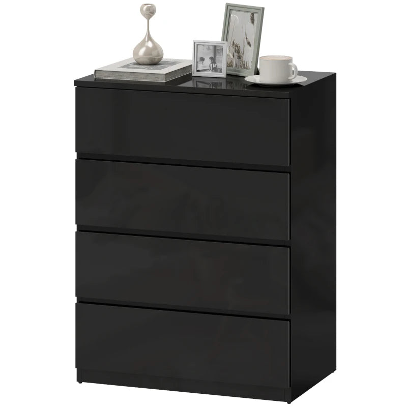 4 Drawer Cabinet, High Gloss Drawer Chest for Bedroom, Chest of Drawers with Metal Runners and Groove Handles, Black