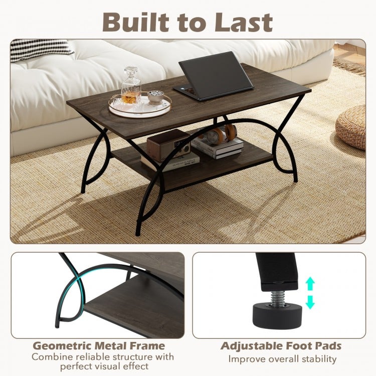 2-Tier Faux Marble Coffee Table with Marble Top and Metal Frame-Oak