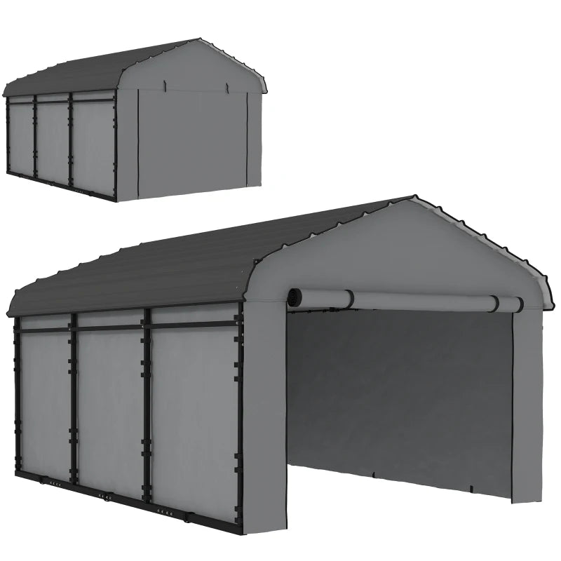 10' x 15' Metal Carport, Heavy Duty Garage Car Shelter with Galvanized Metal Roof and Removable Sidewalls, Light Grey
