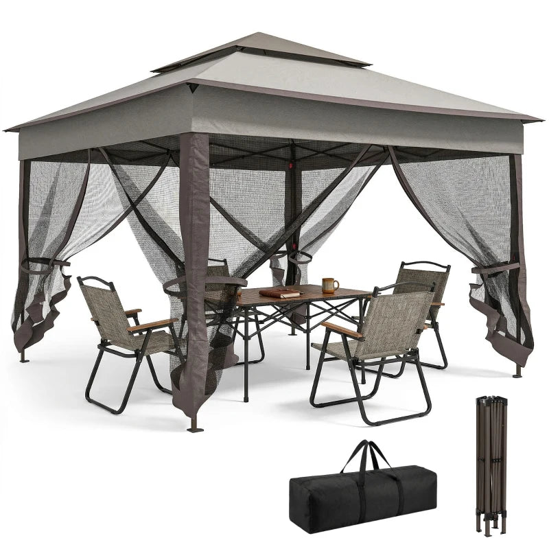 11' x 11' Pop Up Canopy 2-Tier Soft Top Shelter Event Tent w/ Netting Carry Bag for Patio Backyard Garden, Mixed Grey