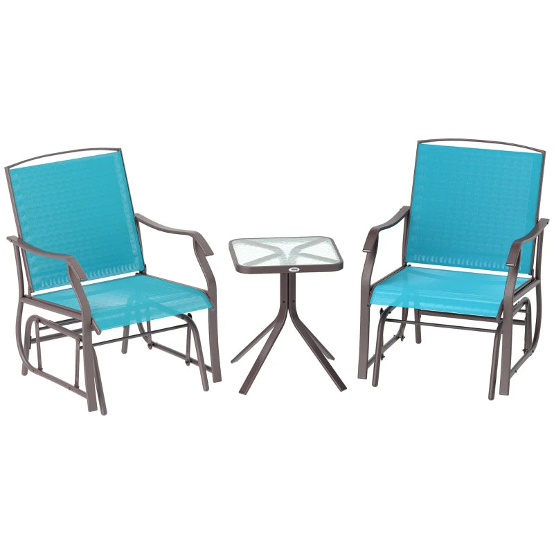 3 Piece Patio Glider Set Outdoor Gliders with Breathable Mesh Seat, Glass Top Table for Garden, Yard, Blue