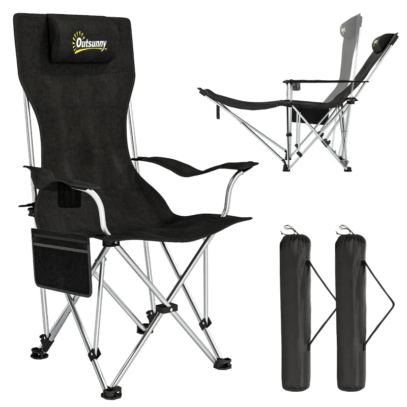 Set of 2 Reclining Camping Chair with Foot Rest, Folding Camping Chair w/ Headrest, Cup Holder, Storage Bag, Black
