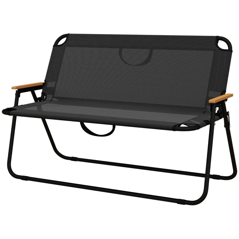 2-Seat Folding Patio Bench Camping Chair, Sports Chair with Armrest, Mesh Fabric Seat for Lawn, Black