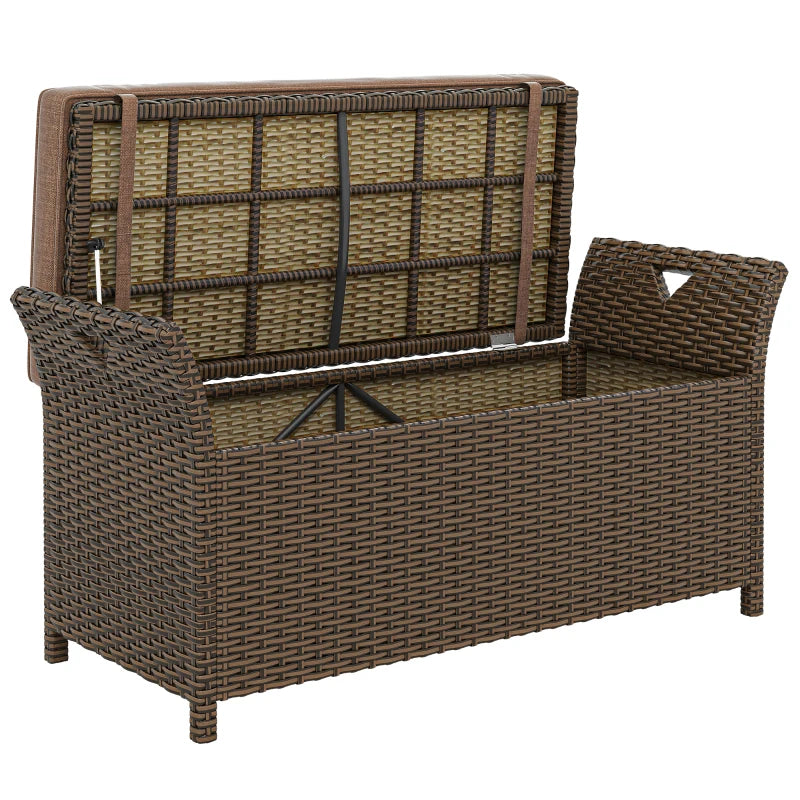 2-In-1 Outdoor Storage Bench, 29 Gallon Wicker Deck Box with Handles and Cushion, Tan