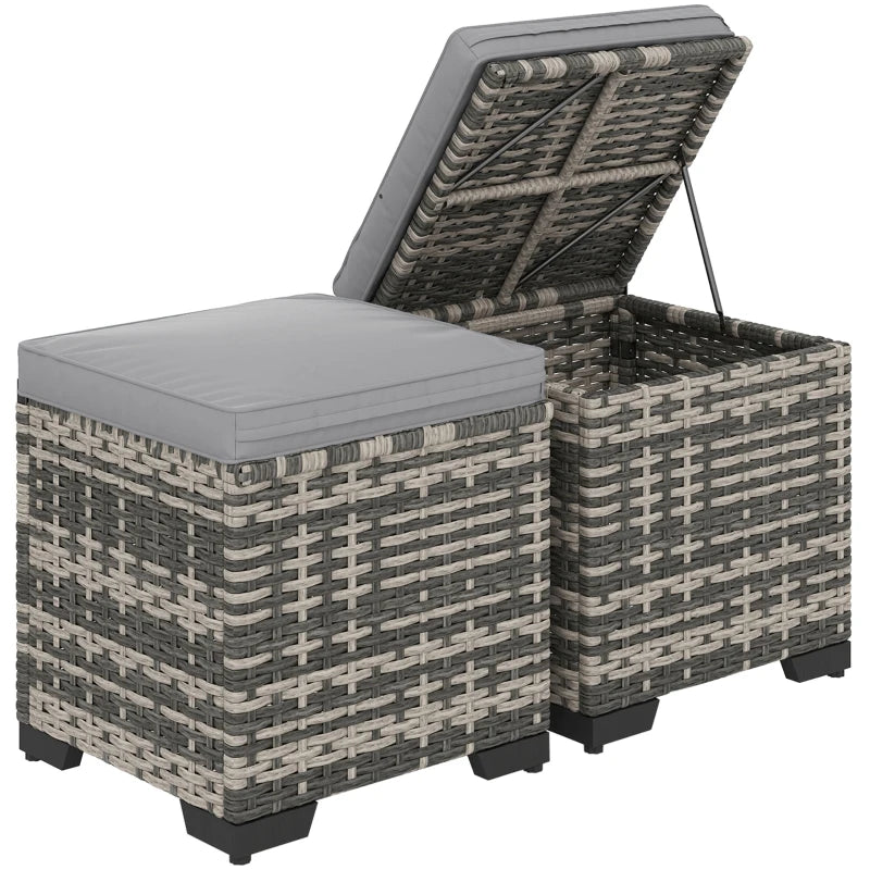Set of 2 Wicker Ottoman, Outdoor Footstool with Storage & Removable Cushions for Poolside, Patio, Deck, Grey