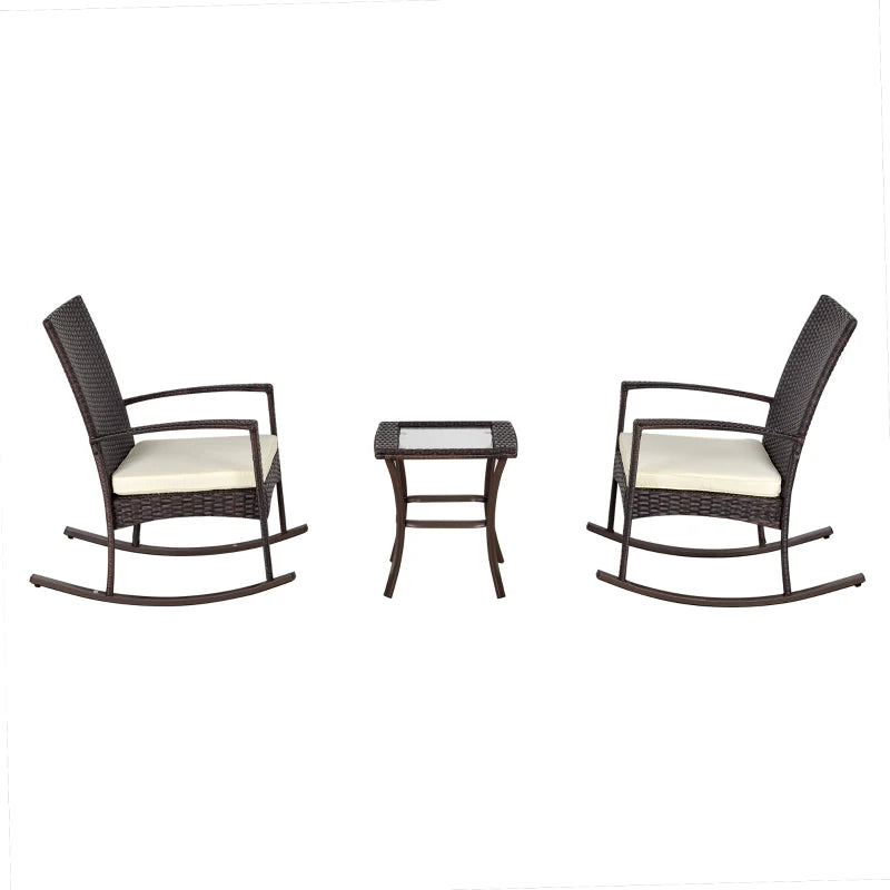 3 Pieces Patio Wicker Rocking Chair Set, Outdoor PE Rattan Bistro Set Conversation Rocker Set with 2 Chairs 1 Coffee Table for Backyard, Deck, Poolside, Cream White