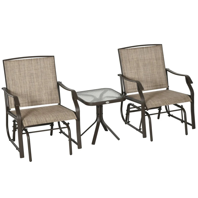 3 Piece Patio Glider Set Outdoor Gliders with Breathable Mesh Seat, Glass Top Table for Garden, Yard, Mixed Brown