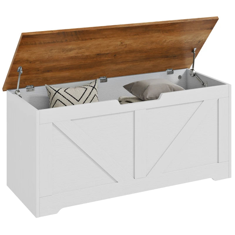 39.4 Inches Storage Chest, Storage Trunk with 2 Safety Hinges for Living Room, Brown and White Wood Grain