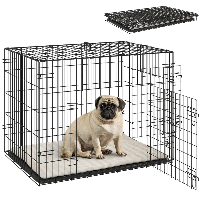 30" Dog Crate with 2 Doors, Folding Metal Dog Cage with Soft Cushion, Removable Tray, Handle, for Small Dogs, Black