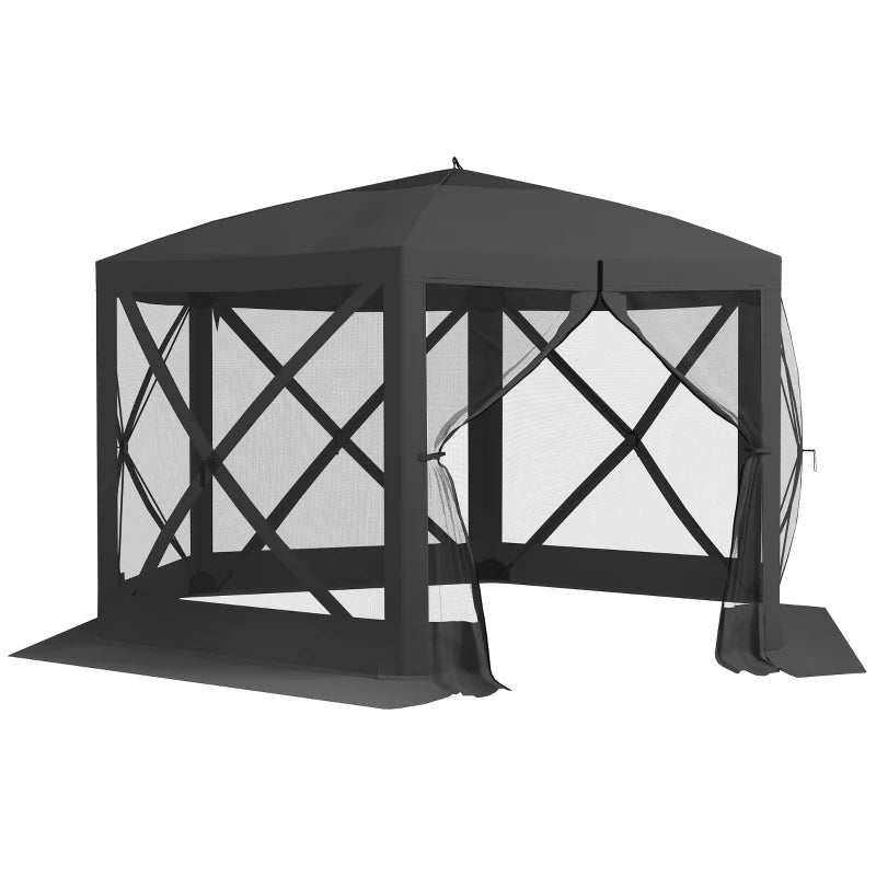 12' x 12' Hexagon Automatic Pop Up Screen Tents, Camping Shelter w/ Mesh Sidewalls and Carry Bag Black