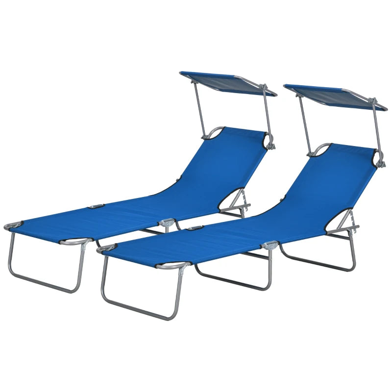 2Pcs Outdoor Lounge Chair, Adjustable Folding Chaise Lounge with Sun Shade for Beach, Camping, Hiking, Blue