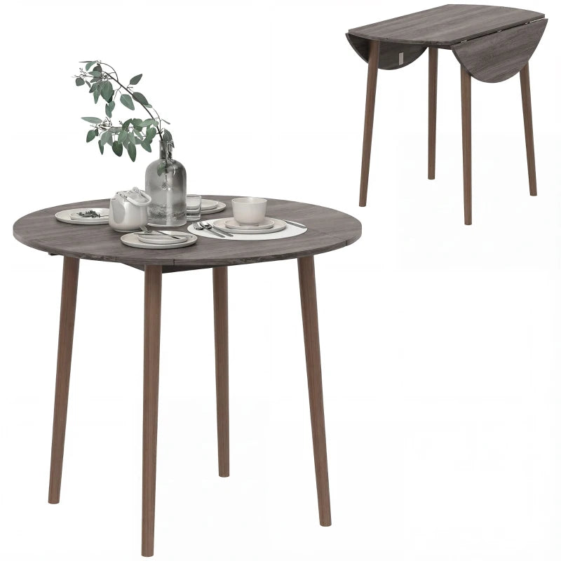 35" Folding Dining Table, Collapsible Drop Leaf Table with Round Tabletop, Wood Legs, Distressed Light Grey