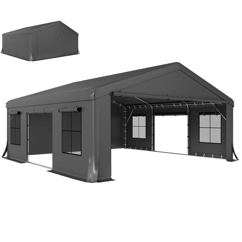 20' x 20' Heavy Duty Carport, Portable Garage Car Canopy Tent Shelter with 3 Roll-up Doors, 4 Windows, Dark Grey