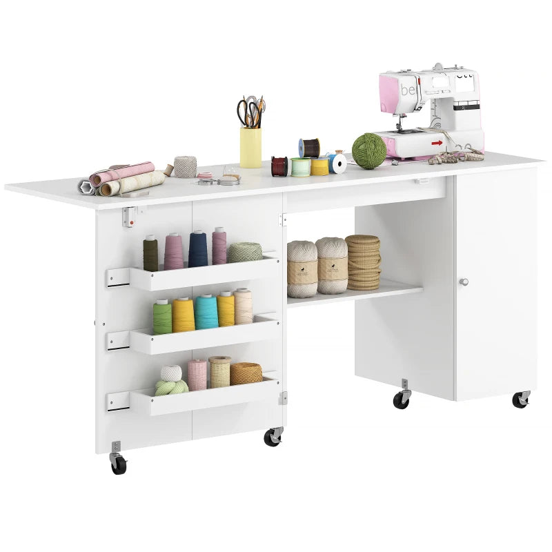 Sewing Machine Table with Drop Leaf, Folding Craft Table with 2 Doors and Adjustable Shelf for Small Spaces, White