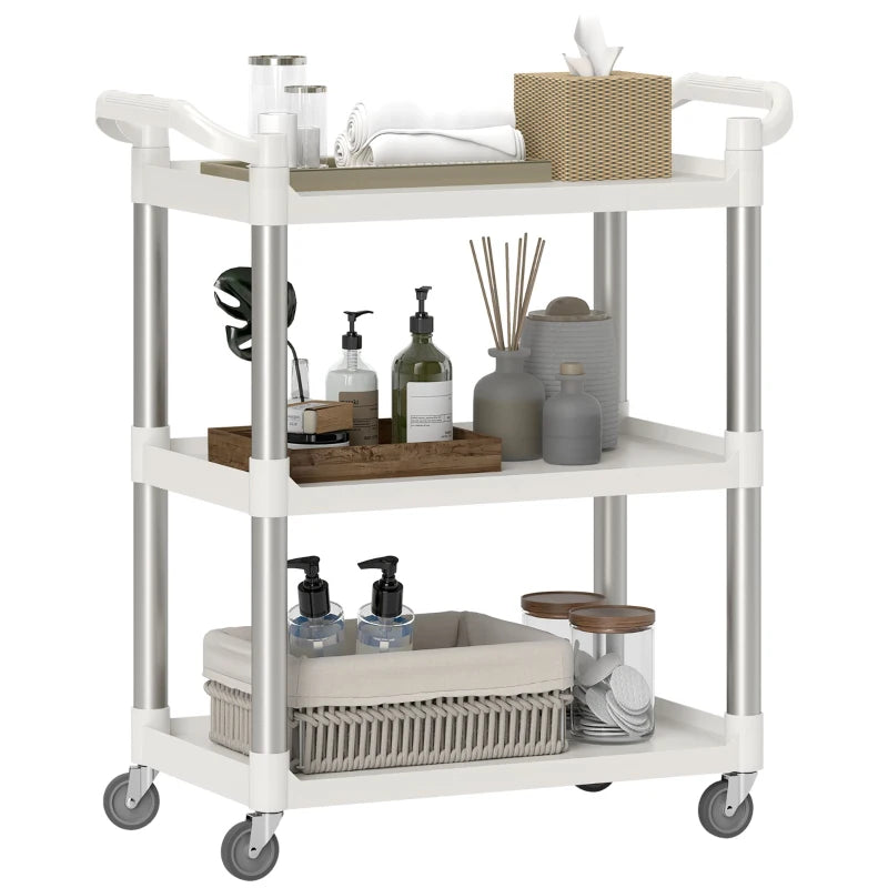 3-Tier Utility Cart Rolling Storage Trolley with 3 Shelves, Silver and White
