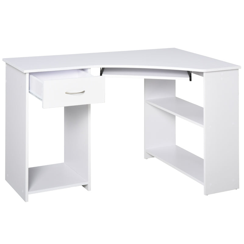 47" L-Shaped Desk with Keyboard Tray, Computer Corner Desk for Small Space with Shelves, Drawer, CPU Stand, Home Office Writing Table, White