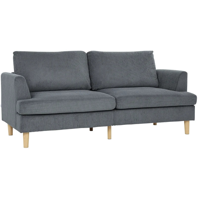 3 Seater Sofa, 74" Modern Corduroy Upholstered Couch with Thick Spring Cushions, Solid Wood Legs, Armrests, Dark Grey