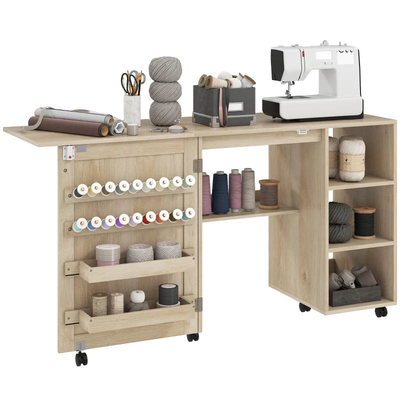 Sewing Machine Table with Drop Leaf, Folding Craft Table Rattan Door and Storage Shelves for Small Spaces, Natural