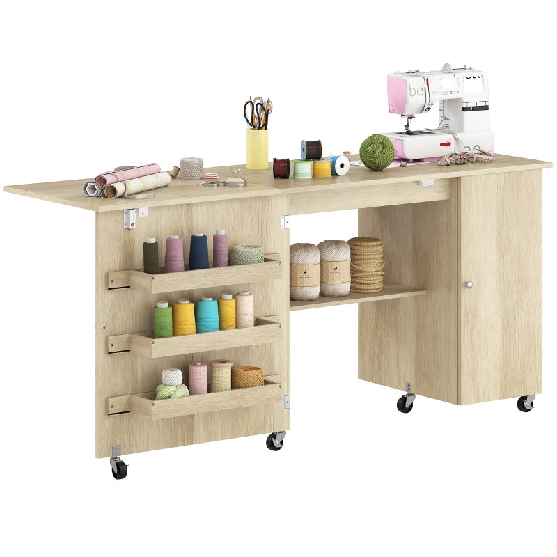 Sewing Machine Table with Drop Leaf, Folding Craft Table with 2 Doors and Adjustable Shelf for Small Spaces, Natural