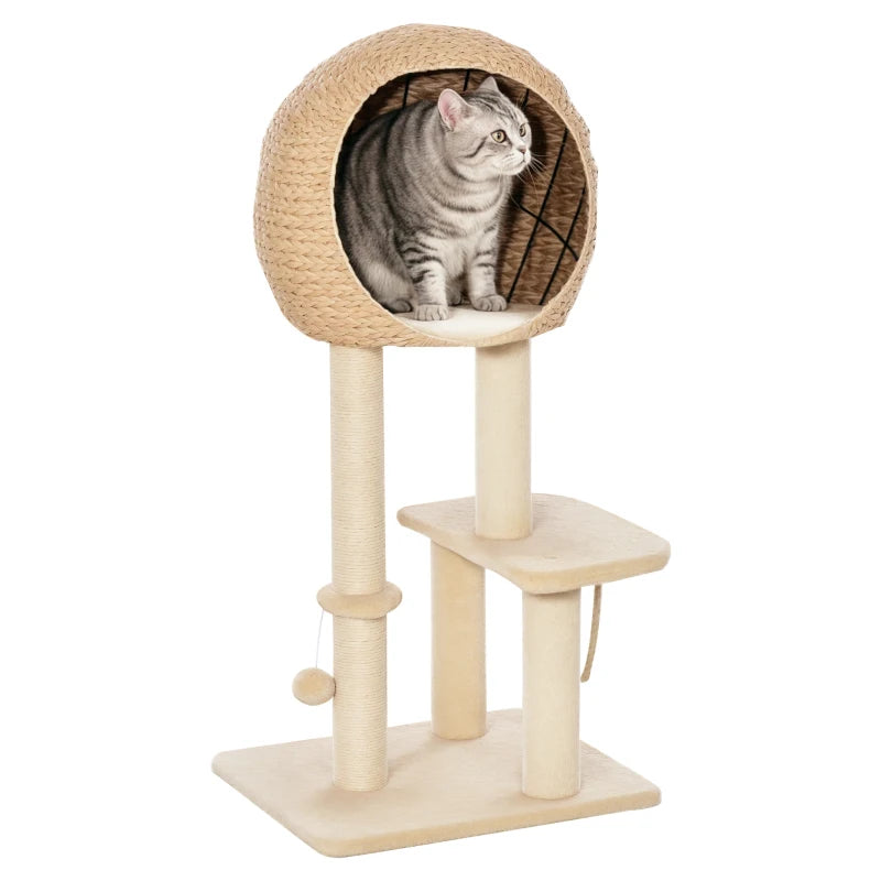 39" H Cat Tree with Sisal Scratching Post, Condo, Plush Perch, Hanging Rope and Hanging Ball, Beige