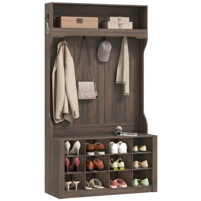 4-In-1 Hall Tree with Bench and Shoe Storage, Farmhouse Coat Rack Shoe Bench with 12 Shoe Cubbies, 6 Hooks, Dark Brown
