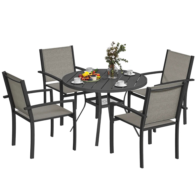 5 Piece Outdoor Dining Set with Round Table and 4 Stackable Chairs, for Backyard, Lawn, Deck, Balcony, Pool Side