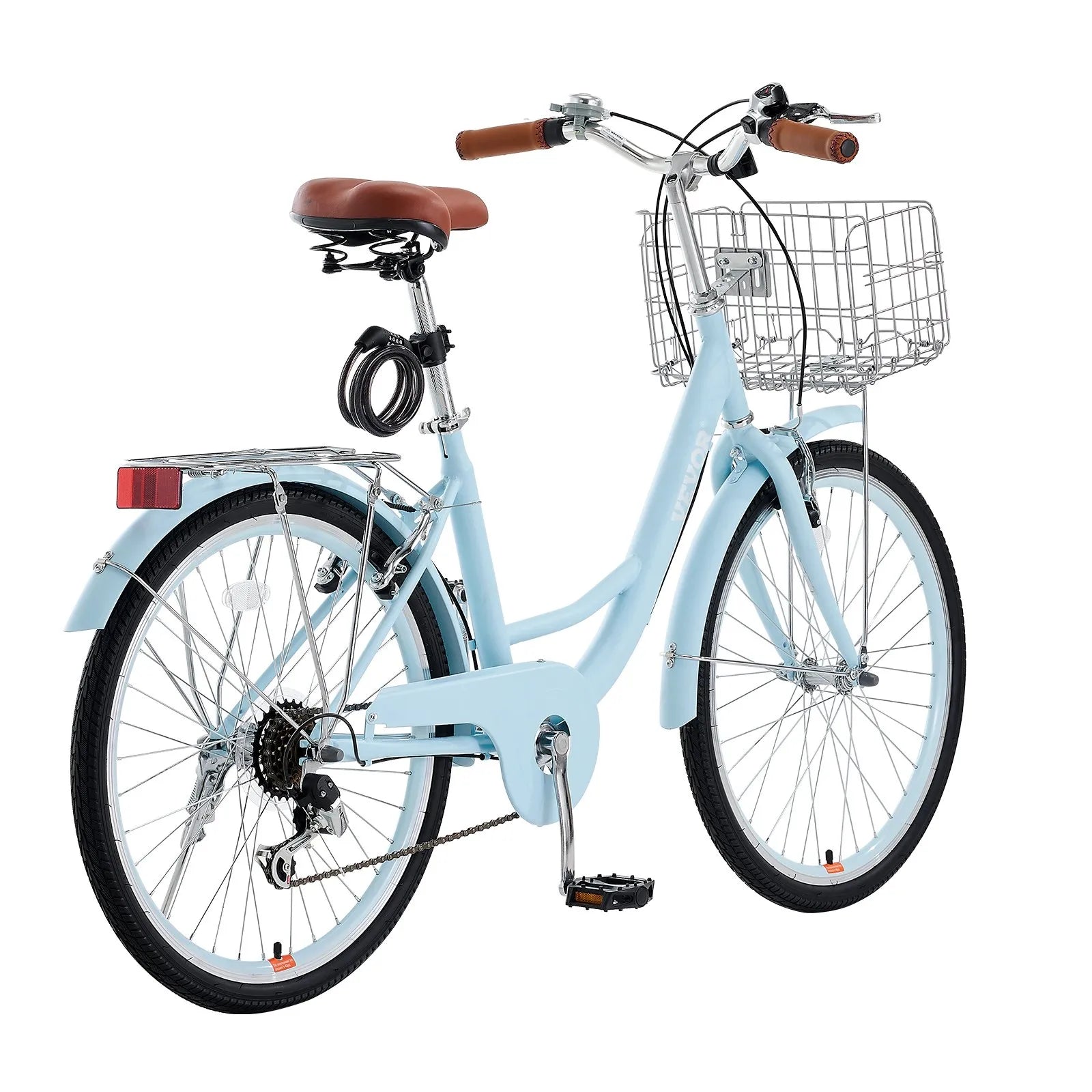 VEVOR 24-Inch Cruiser Bike 7-Speed Light Blue Beach Cruiser Bike with Basket