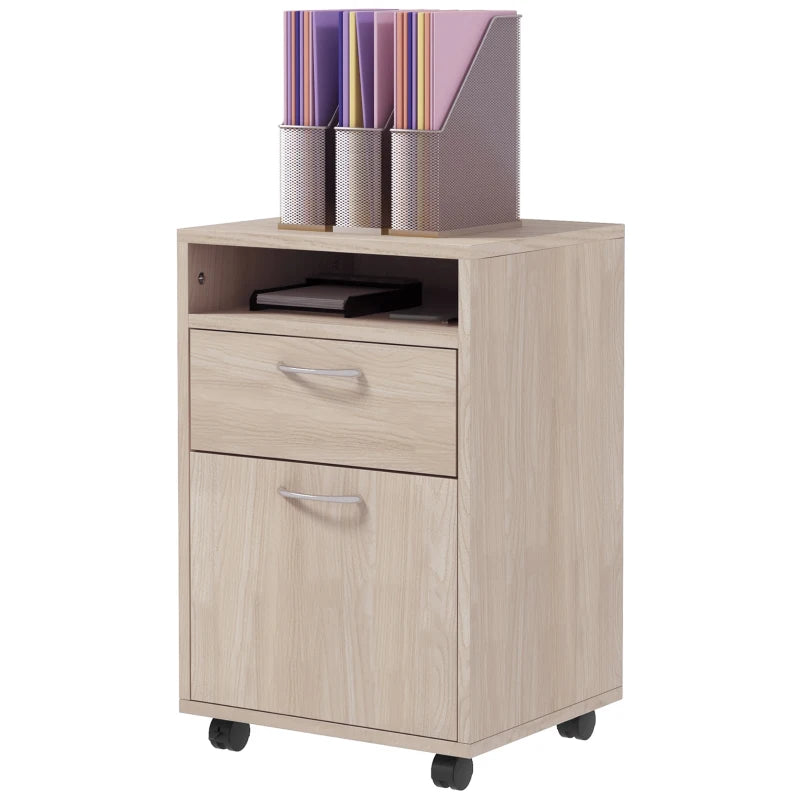 24" Small Filing Cabinet with Open Compartment, Drawer and Wheels, Home Office Storage Cabinet, Oak