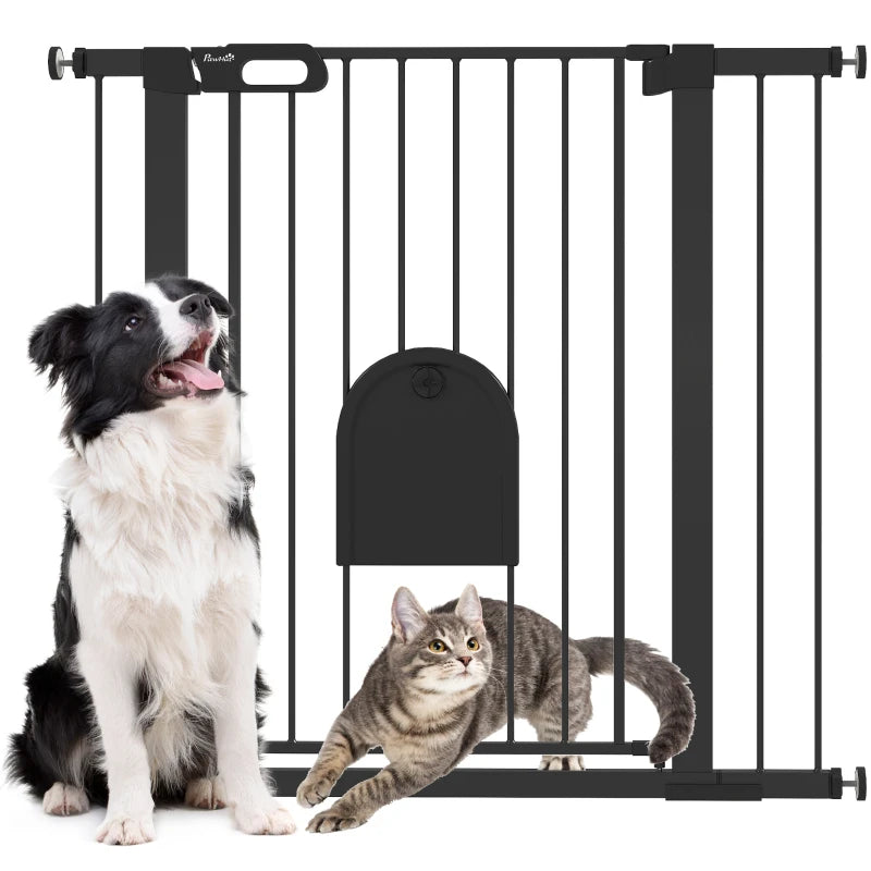 30"-41" Extra Wide Pet Gate Barrier with Small Door, 35"H Dog Gate with Safety Gate Barrier, Stair Pressure Fit, Black