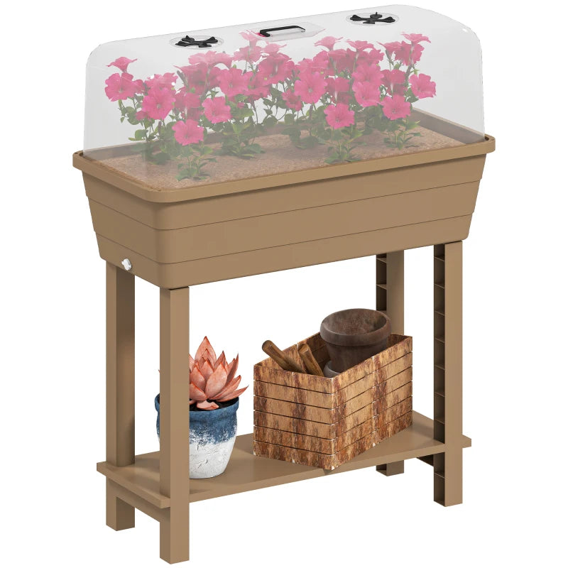 41L Self Watering Raised Garden Bed w/ Ventilation Transparent Lid Greenhouse, Planter Box w/ Storage Shelf, Brown