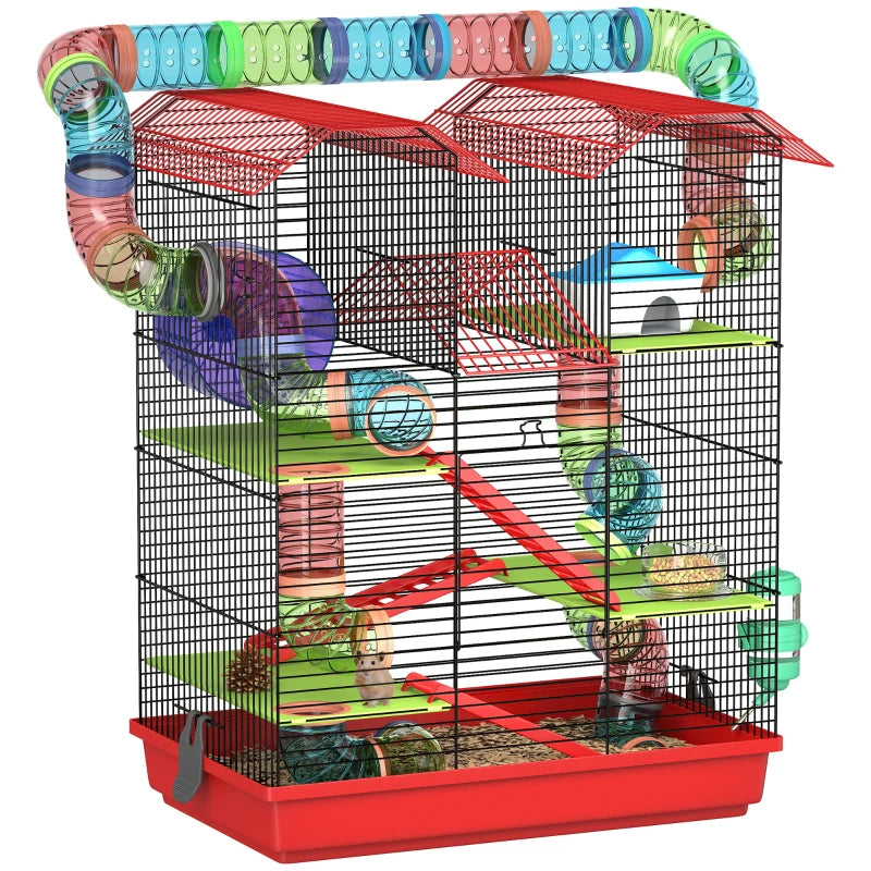 18.5" Hamster Cage, 5 Tiers Small Animal House with Tunnel Tube System, Exercise Wheel, Water Bottle, Red