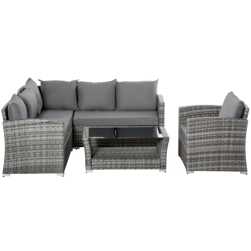 5 Pieces Wicker Patio Furniture Set with 4" Thick Cushions, Outdoor PE Rattan Garden Conversation Sectional Sofa Set with Glass Top Two-tier Coffee Table, Grey