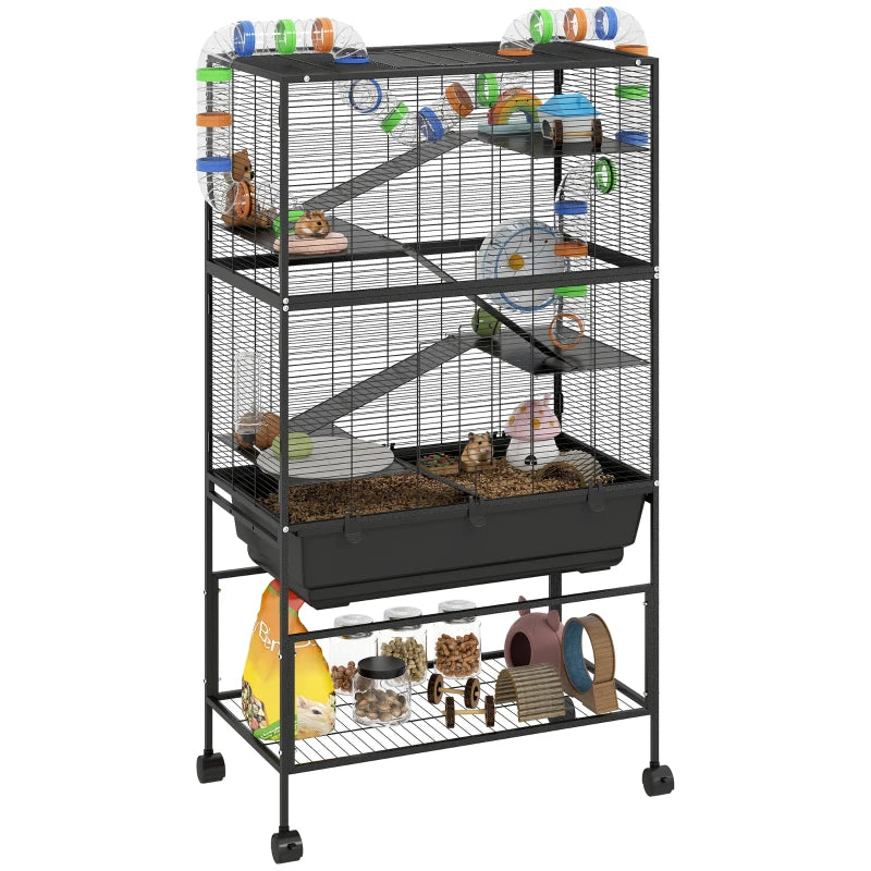 5 Tier Rolling Hamster Cage with 7" Deep Tray, Storage Shelf, Big Exercise Wheel, Tube System, for Syrian, Gerbil, Rat
