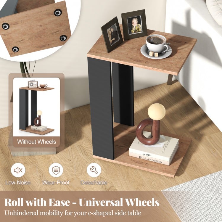2-Tier C-Shaped Side Table with Universal Wheels and Shelf-Rustic Brown