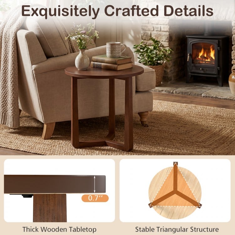 22.5 inch Round Side Table Farmhouse End Table with Sturdy Rubber Wood Legs and Triangular Structure-Walnut