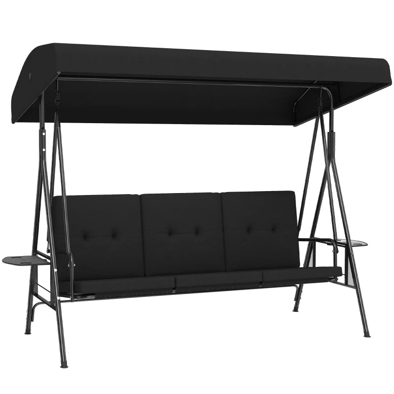 3-Seat Outdoor Porch Swing Patio Swing with Adjustable Canopy, Side Tray, Removable Cushion for Garden, Poolside, Black