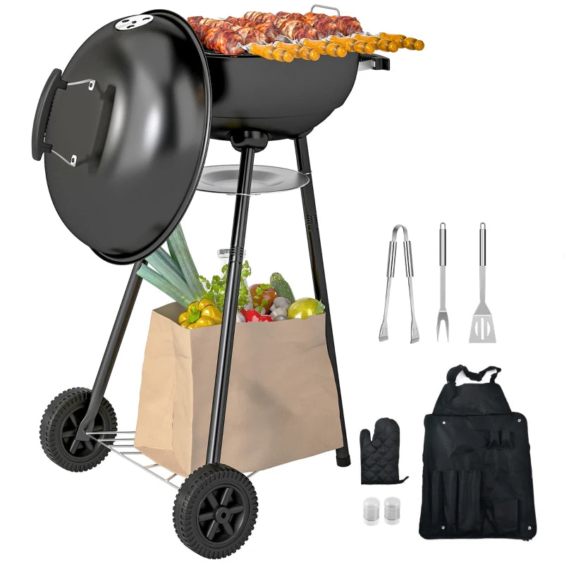 17" Kettle Charcoal BBQ Grill with BBQ Accessories, Barbecue Grill with Shelf, Ash Catcher, Wheels, Handles for Outdoor Cooking, Patio Backyard Party, Black